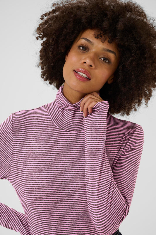 Alexandra Jersey Rollneck - Pink/Brown stripe