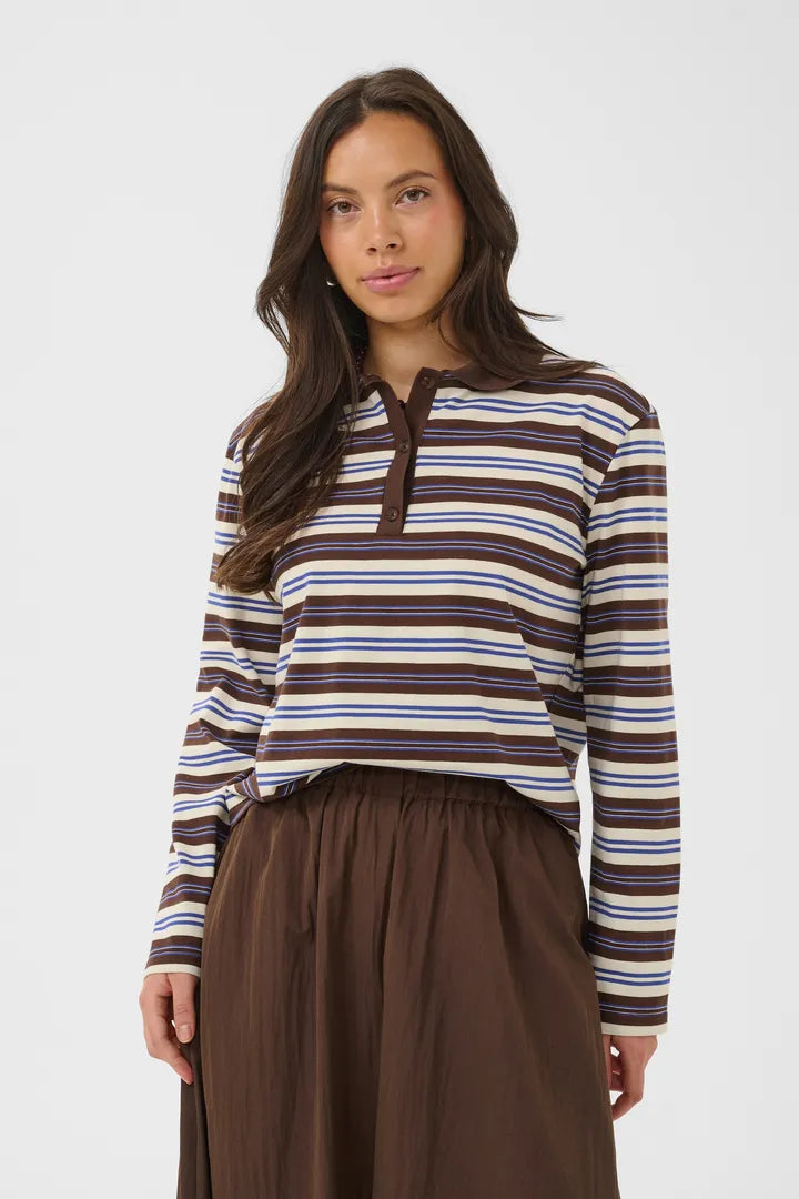 Taty Polo Blusa - Brown/Blue Stripe